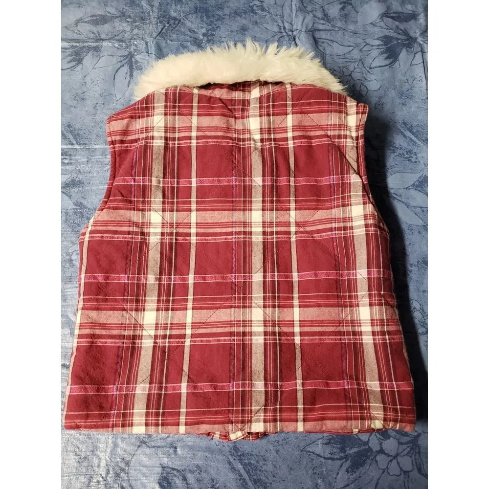 Disney Princess store girl plaid vest, embroidered/ cotton, faux fur collar, 5/6